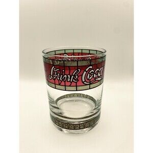 Coca Cola Coke Drinking Glass Holiday Tumbler Red Green Christmas Stained Glass